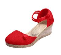 vaolkwsacz Women's Summer Sandals with Wedge Heel Straw Sandals Vegan Platform Sandals Linen Braided Wedge Sandals Front Closed Flat Sandals Leisure Sandals with Adjustable Buckle, red, 2/2.5 UK