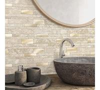VAOVI Marble Effect Self Adhesive Linear Wall Tiles Metro Brick Stone Tiles,Waterproof Bathroom Wall Panels Matt Heat Resistant Fireplace Peel and Stick Mosaic(Beige,5sheets)