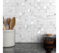 VAOVI Square Mosaic Stick on Wall Tiles Marble Splashback Self Adhesive Panels for Kitchen Bathroom(White Silver,10sheets)