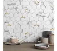 VAOVI Stick on Tiles Kitchen Hexagon Marble Self Adhesive Backsplash Wall Panels,Honeycomb Metallic Mosaic Stickers Bathroom Waterproof(White Gold,10sheets)