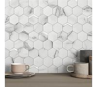 VAOVI Stick on Tiles Kitchen Hexagon Marble Self Adhesive Backsplash Wall Panels,Honeycomb Metallic Mosaic Stickers Bathroom Waterproof(White Silver,10sheets)