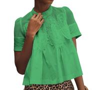 VAOYIU Women Lace-Detail Flared Blouse Short-Sleeve Crew Neck Lace Poplin Mesh Swing Top Elegant Loose Intricate Back Design, Green, L