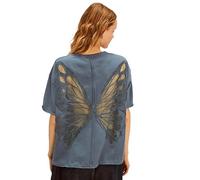 VAOYIU Women's Oversized Butterfly Wing T-Shirt Casual Loose-Fit Short Sleeve Sheer Mesh Back Design Basic Tee, Bluegrey, L