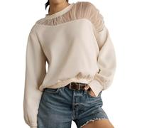 VAOYIU Women's Shoulder Mesh Design Sweatshirt Casual Long Sleeve Crew Neck Pullover Tops Casual Lace Edged Clothing, White, XL