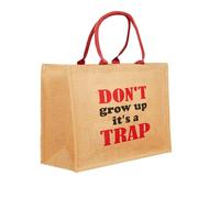 Vapinity Large Printed Jute Hessian Shopping Bag - Don't Grow Up It's A Trap | Waterproof Lined Reusable Tote with Cotton Handles | 40 x 33 x 14cm