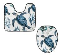 VAPOKF 2 Pieces Pedestal Bathroom Rugs Set, U-Shaped Contour Mat and Toilet Lid Cover, Soft Non-Slip Flannel Bathroom Mat Toilet Seat Cover - Turtle Seaweed