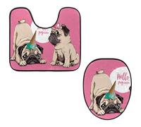VAPOKF 2 Pieces Pedestal Bathroom Rugs Set, U-Shaped Contour Mat and Toilet Lid Cover, Soft Non-Slip Flannel Bathroom Mat Toilet Seat Cover - Funny Hello Pugicorn Cute Puppy