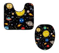VAPOKF 2 Pieces Pedestal Bathroom Rugs Set, U-Shaped Contour Mat and Toilet Lid Cover, Soft Non-Slip Flannel Bathroom Mat Toilet Seat Cover - Space Stars Planets Galaxy Rockets Sun