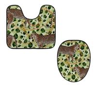 VAPOKF 2 Pieces Pedestal Bathroom Rugs Set, U-Shaped Contour Mat and Toilet Lid Cover, Soft Non-Slip Flannel Bathroom Mat Toilet Seat Cover - Three Leopard Gold Chain Green Tiger Skin