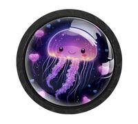 VAPOKF 4 Pcs Cute Jellyfish Cupboard Knobs and Handles - 35mm Round Black Pull Handle for Wardrobe Furniture Hardware - Two Sizes of Screws Included