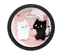 VAPOKF 4 Pcs Hello Cats Cupboard Knobs and Handles - 35mm Round Black Pull Handle for Wardrobe Furniture Hardware - Two Sizes of Screws Included