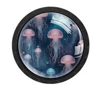 VAPOKF 4 Pcs Jellyfish Moon Cupboard Knobs and Handles - 35mm Round Black Pull Handle for Wardrobe Furniture Hardware - Two Sizes of Screws Included