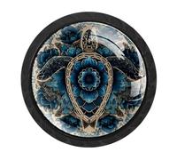 VAPOKF 4 Pcs Mandala Turtle Cabinet Knobs,35mm Round Black Dresser Drawer Knobs, Single Hole Cupboard Door Handles, Door Knob and Handles, for Cupboard, Home Decorating, Wardrobe