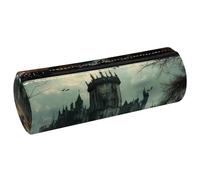 VAPOKF Abandoned Castle Black Crow Print Pencil Cases, PU Leather Pen Bag Student Stationery Organiser Bag Makeup Pouch for Women Girls Boys Kids School Office Supplies