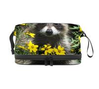 VAPOKF Adorable Baby Raccoon Sitting in Yellow Flowers Cosmetic Bag for Women and Girls, Travel Toiletry Bag Makeup Handy Pouch Organizer Bag with Brush Compartment