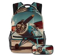 VAPOKF Airplane at The Airfield School Bag Set for Teen Girls Boys Kids, Student Bookbag Backpack Rucksack with Pencil Case for Primary Secondary Junior High School