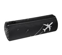 VAPOKF Airplane Dashed Path Lines PU Leather Barrel Pen Pencil Case Coin Purse Cosmetic Makeup Bag for Student Stationery School Office Storage