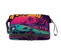 VAPOKF American Muscle Car in Retro Neon Style Painting Cosmetic Bag for Women and Girls, Travel Toiletry Bag Makeup Handy Pouch Organizer Bag with Brush Compartment