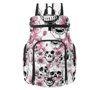 VAPOKF Basketball Backpack, Sport Bag with Ball and Shoe Compartment for Soccer Football Volleyball Swim Gym Travel, Skull and Flowers Pink Cherry Pattern