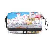 VAPOKF Beautiful Greek Architecture Santorini Volcano Cyclades Caldera Island Cosmetic Bag for Women and Girls, Travel Toiletry Bag Makeup Handy Pouch Organizer Bag with Brush Compartment