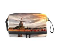 VAPOKF Beautiful Sunset Dutch Windmill Cosmetic Bag for Women and Girls, Travel Toiletry Bag Makeup Handy Pouch Organizer Bag with Brush Compartment