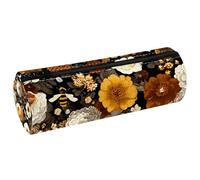 VAPOKF Bees and Flowers PU Leather Barrel Pen Pencil Case Coin Purse Cosmetic Makeup Bag for Student Stationery School Office Storage