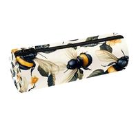 VAPOKF Bees on Blossom Flowers Leather Barrel Pen Pencil Case Coin Purse Cosmetic Makeup Bag for Student Stationery School Office Storage