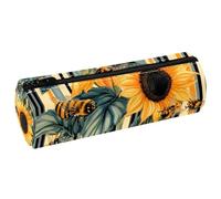 VAPOKF Bees Sunflower on Striped Leather Barrel Pen Pencil Case Coin Purse Cosmetic Makeup Bag for Student Stationery School Office Storage