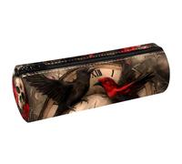 VAPOKF Bird Skull Vintage Clock Roses Print Pencil Cases, PU Leather Pen Bag Student Stationery Organiser Bag Makeup Pouch for Women Girls Boys Kids School Office Supplies