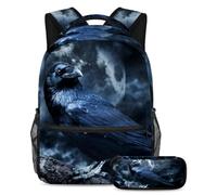 VAPOKF Black Raven in Creepy Moonlight School Bag Set for Teen Girls Boys Kids, Student Bookbag Backpack Rucksack with Pencil Case for Primary Secondary Junior High School