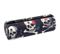 VAPOKF Blood Skull and Bones Leather Barrel Pen Pencil Case Coin Purse Cosmetic Makeup Bag for Student Stationery School Office Storage