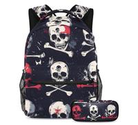 VAPOKF Blood Skull and Bones School Bag Set for Teen Girls Boys Kids, Student Bookbag Backpack Rucksack with Pencil Case for Primary Secondary Junior High School