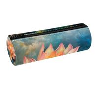 VAPOKF Blossoming Lotus Leather Barrel Pen Pencil Case Coin Purse Cosmetic Makeup Bag for Student Stationery School Office Storage