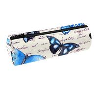 VAPOKF Blue Butterfly on Written Text Note Leather Barrel Pen Pencil Case Coin Purse Cosmetic Makeup Bag for Student Stationery School Office Storage