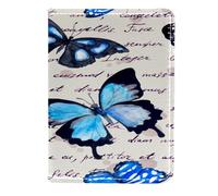 VAPOKF Blue Butterfly on Written Text Note Passport Holder Travel Wallet Leather Card Case Cover, 11.5x16.5cm