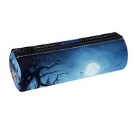 VAPOKF Blue Graveyard Pumpkin Leather Barrel Pen Pencil Case Coin Purse Cosmetic Makeup Bag for Student Stationery School Office Storage