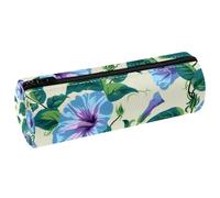 VAPOKF Blue Morning Glory Blossoms Pattern PU Leather Barrel Pen Pencil Case Coin Purse Cosmetic Makeup Bag for Student Stationery School Office Storage
