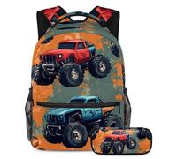 VAPOKF Blue Red Monster Car School Bag Set for Teen Girls Boys Kids, Student Bookbag Backpack Rucksack with Pencil Case for Primary Secondary Junior High School