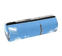 VAPOKF Blue Sky Paris Tower Seine River Leather Barrel Pen Pencil Case Coin Purse Cosmetic Makeup Bag for Student Stationery School Office Storage