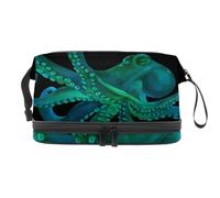 VAPOKF Blue Watercolor Octopus Sea Illustration Cosmetic Bag for Women and Girls, Travel Toiletry Bag Makeup Handy Pouch Organizer Bag with Brush Compartment