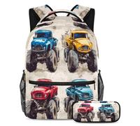 VAPOKF Blue Yellow Red Monster Trucks School Bag Set for Teen Girls Boys Kids, Student Bookbag Backpack Rucksack with Pencil Case for Primary Secondary Junior High School