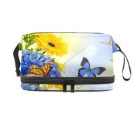 VAPOKF Bouquet Blue Hydrangeas and Butterfly a Flower Background Cosmetic Bag for Women and Girls, Travel Toiletry Bag Makeup Handy Pouch Organizer Bag with Brush Compartment