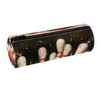 VAPOKF Bowling Ball Crashing Into The Pins Leather Barrel Pen Pencil Case Coin Purse Cosmetic Makeup Bag for Student Stationery School Office Storage