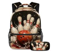 VAPOKF Bowling Ball Crashing Into The Pins School Bag Set for Teen Girls Boys Kids, Student Bookbag Backpack Rucksack with Pencil Case for Primary Secondary Junior High School