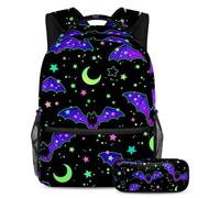 VAPOKF Bright Flying Bats on Starry Sky School Bag Set for Teen Girls Boys Kids, Student Bookbag Backpack Rucksack with Pencil Case for Primary Secondary Junior High School