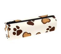 VAPOKF Brown Pet Pawprints and Bones Leather Barrel Pen Pencil Case Coin Purse Cosmetic Makeup Bag for Student Stationery School Office Storage