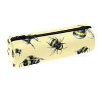 VAPOKF Bumble Bee on Yellow Background Leather Barrel Pen Pencil Case Coin Purse Cosmetic Makeup Bag for Student Stationery School Office Storage