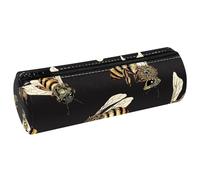 VAPOKF Bumble Bees Pattern on Black Background Print Pencil Cases, PU Leather Pen Bag Student Stationery Organiser Bag Makeup Pouch for Women Girls Boys Kids School Office Supplies