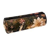 VAPOKF Butterfly on Wildflower Fields Leather Barrel Pen Pencil Case Coin Purse Cosmetic Makeup Bag for Student Stationery School Office Storage
