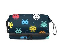 VAPOKF Cartoon Colorful Mosaic Monsters Pattern Cosmetic Bag for Women and Girls, Travel Toiletry Bag Makeup Handy Pouch Organizer Bag with Brush Compartment